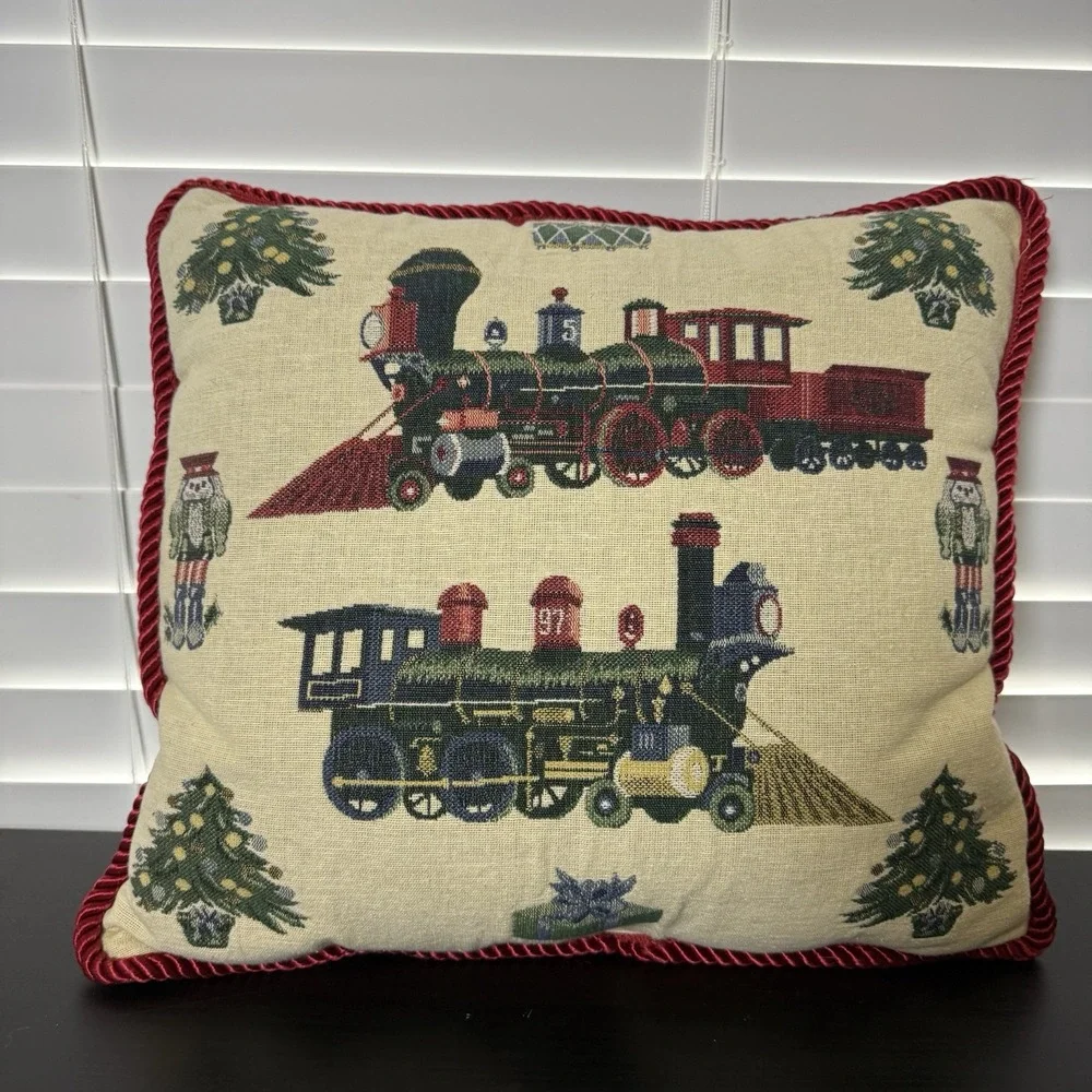 VTG 90s Square Tapestry Pillow Christmas Tree‎ Trains Nutcracker Star 16x16 gift